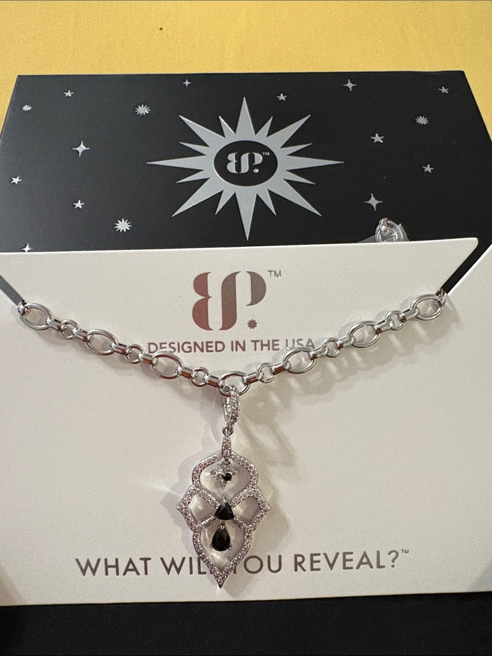 bp Silver-Tone Pendant Necklace with Black Stone Accents